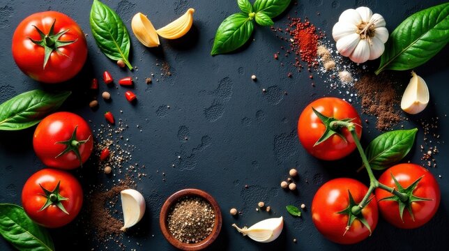 Vibrant red tomatoes, fresh basil, garlic cloves, and assorted spices arranged artistically on a dark surface