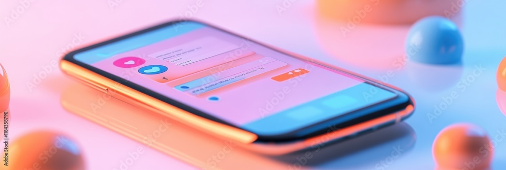 Poster close up of a smartphone showing a vibrant messenger chat with colorful background and playful eleme