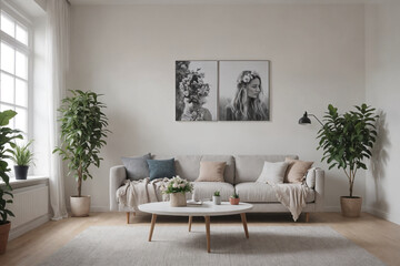 Modern concept of home white interior with design couch, sofa, armchair, coffee table, plants, carpet and personal accessoreis. Stylish home decor of living room.