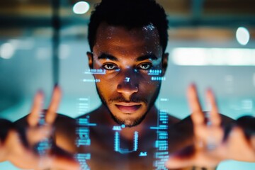 Young man interacts with digital interface while swimming in a futuristic pool environment