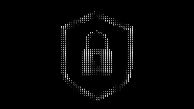 Binary code with padlock shield icon. Computer virus or internet hacking concept. Transparent background. 4K resolution.

