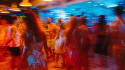 Abstract motion blur of people at a party in ibiza. Blurred motion, abstract background. Young people in club dancing. Blurry night club