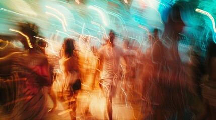 Abstract motion blur of people at a party in ibiza. Blurred motion, abstract background. Young people in club dancing. Blurry night club