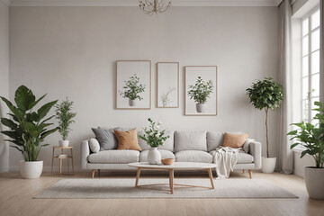 Modern concept of home white interior with design couch, sofa, armchair, coffee table, plants, carpet and personal accessoreis. Stylish home decor of living room.