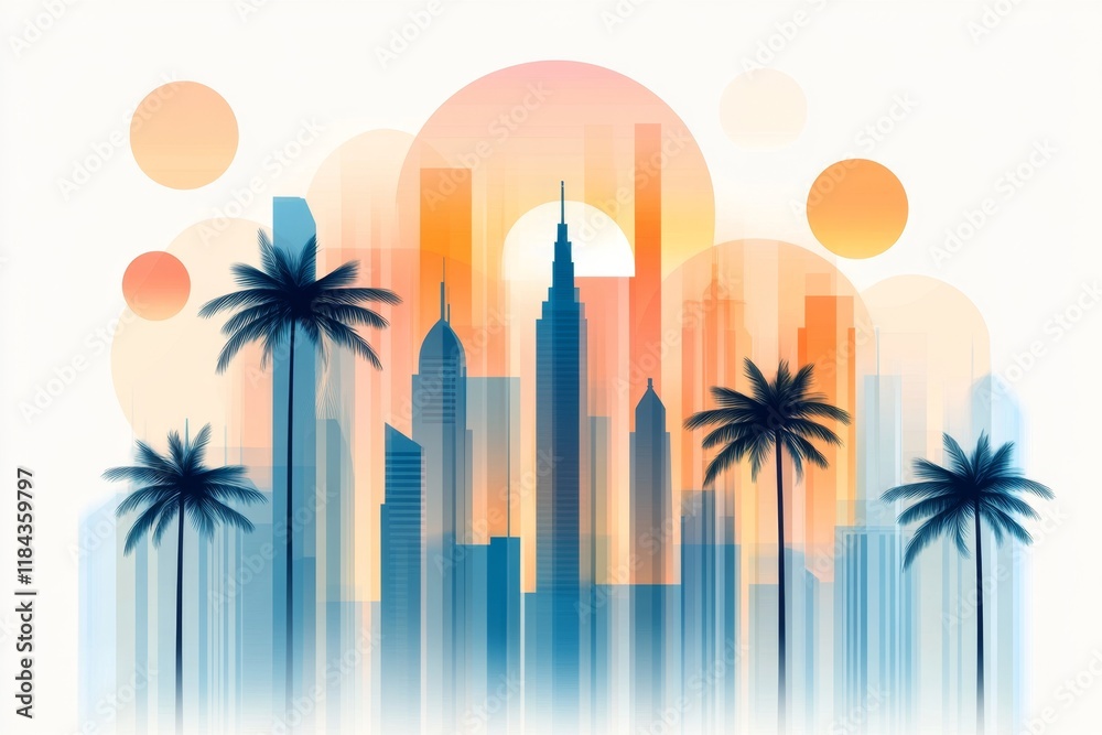 Poster a simple geometric representation of the palm jumeirah island, using stylized shapes to depict the p