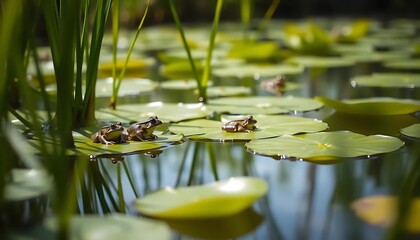 Serene Pond Frogs: A Peaceful Aquatic Scene in Sunlight