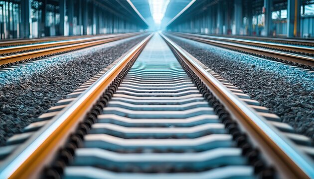 A close-up view of railway tracks leading into a bright, blurred distance, emphasizing depth and perspective.