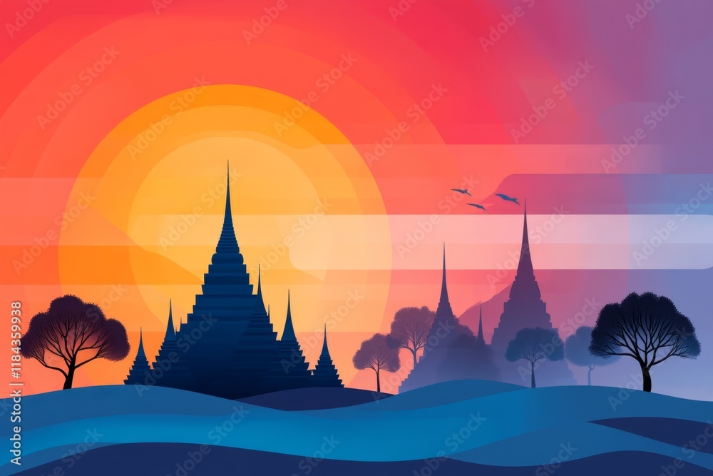 Leinwandbilder a simple silhouette of a thai ubosot against a gradient background, emphasizing its iconic triangula
