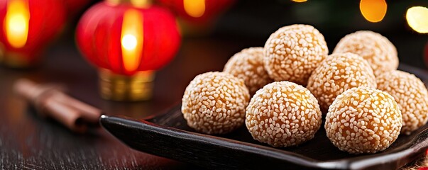 Sweet sesame balls on a plate, surrounded by festive decorations, showcasing a traditional dessert in a warm, inviting ambiance. © Moonroad