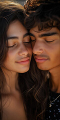 Obraz premium Peaceful embrace of young Hispanic couple with eyes closed in intimate moment
