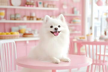 Fluffy Pomeranian Dog in Pink Cafe Realistic Image