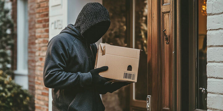 A hooded thief wearing gloves steals a package from a doorstep in broad daylight, highlighting urban theft and security concerns.