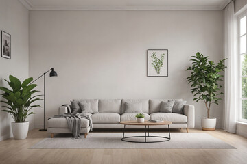 Fototapeta premium Modern concept of home white interior with design couch, sofa, armchair, coffee table, plants, carpet and personal accessoreis. Stylish home decor of living room.