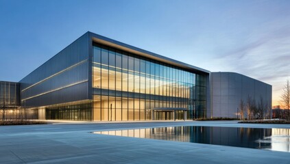 Minimalist building facade with large glass windows, concrete panels, reflective pool, and seamless blend of indoor and natural lighting.