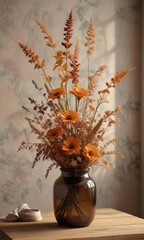 a delicate arrangement of dried autumn flowers in a brown glass vase with lush greenery and twigs adds warmth to the room, twigs, dried flowers, natural elements