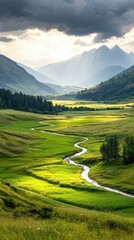 Obraz premium Majestic Mountain Landscape with Lush Meadows and Winding River Flowing Through