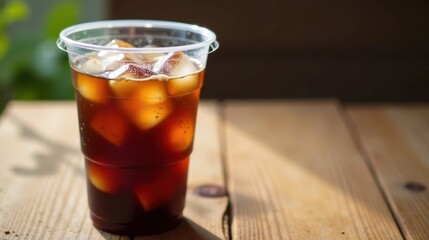 Refreshing Iced Coffee in a Plastic Cup on a Wooden Table