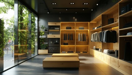 Minimalist store with glass walls, wooden shelves, and hangers displaying men's suits and t-shirts, featuring soft lighting and greenery for a calm, sophisticated atmosphere.