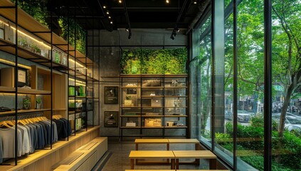 Minimalist store with glass walls, wooden shelves, and hangers displaying men's suits and t-shirts, featuring soft lighting and greenery for a calm, sophisticated atmosphere.
