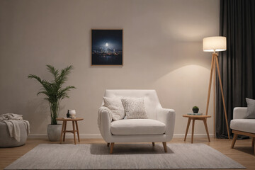 Modern retro concept of home interior at night with design sofa, armchair, coffee table, plants, carpet and personal accessoreis. Stylish home decor of living room.