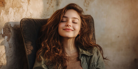 Fototapeta premium A serene woman with her eyes closed and a peaceful smile sits against a sunlit wall, radiating relaxation, contentment, and natural beauty.