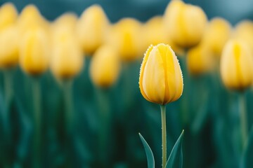Obraz premium Bright yellow tulips blooming in a vibrant garden during springtime, showcasing nature's beauty in full bloom