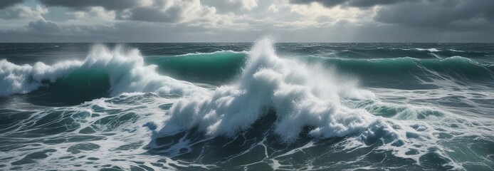 Fototapeta premium Ocean water churns and foams in turbulent stormy weather, stormy sea, beach erosion, seaweed