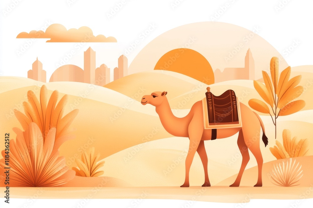 Poster a stylized representation of a camel walking in the desert under the dubai sun, drawn with clean sha