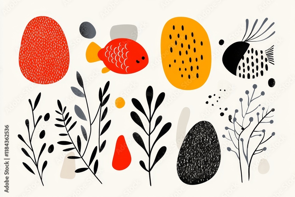 Aufkleber a stylized representation of a coral reef with abstract shapes representing fish and plants in a cle