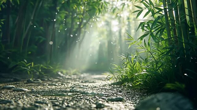 Sunlit path through a lush bamboo forest with a rocky stream.