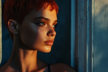 Commercial promotion creative. Attractive calm mixed-race girl - for ads, ad page and social apps use. Short trim - red hair. Vibrant hair campaigns. Vibrant commercial styles. Hair trend ad.