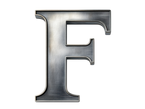 Sleek metal letter f on black background, industrial design element for modern projects