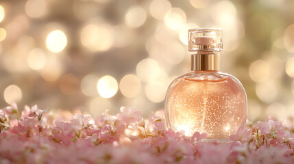 Crystal perfume bottle in pink flower petals. Perfect for romantic fragrance and spring beauty.
