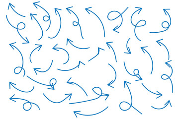 Thin curved arrows collection. Sketch arrows. Vector hand drawn arrows with curls, pointing different directions.