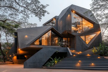 Fototapeta premium A geometric composition of an unconventional house design, featuring clean shapes and muted earthy tones