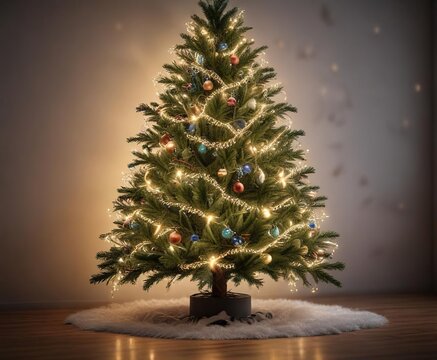 A Christmas tree decorated with fairy lights and tinsel, festive decorations, tinsel garland