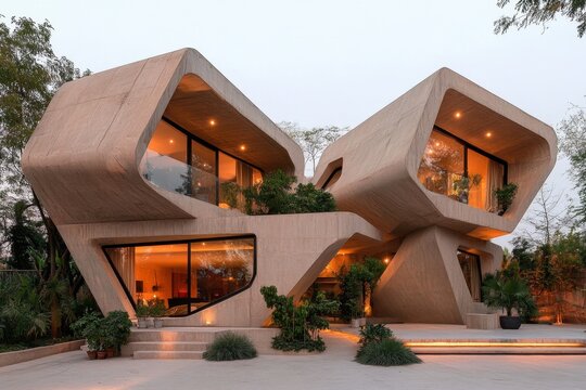 A geometric composition of an unconventional house design, featuring clean shapes and muted earthy tones