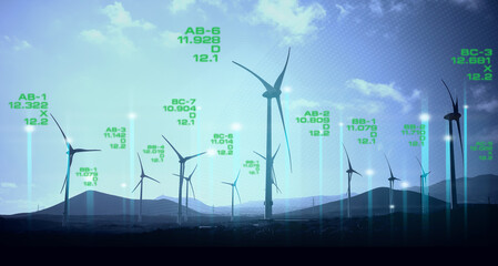 Wind power plant. Technology system monitoring. Renewable energy and sustainable resources concept.