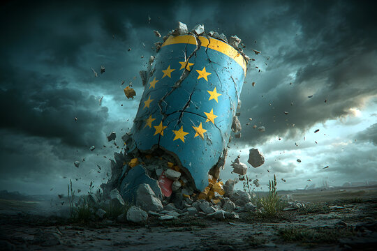 Zerfallene Struktur mit europ&auml;ischer Symbolik in dramatischer Landschaft
