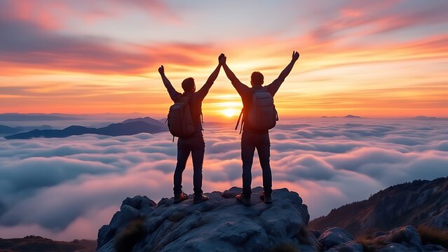 Teamwork concept, with two people giving high five on mountain top. Success, achievement and accomplishment people