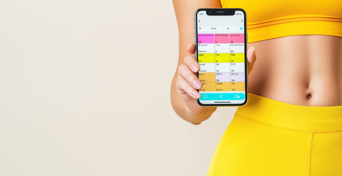 Female holding smartphone displaying fitness tracking app in yellow workout attire - Powered by Adobe