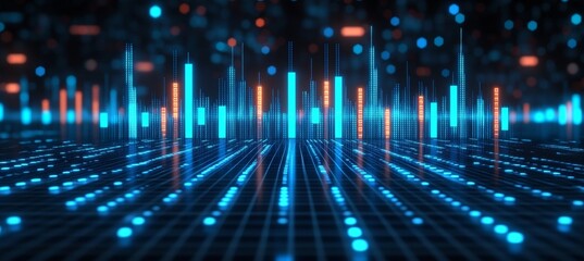 Digital Data Flow in Blue and Orange on Grid Network, Technology and Data Connection Background