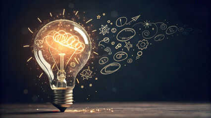 Creative light bulb with glowing ideas and symbols in dark space