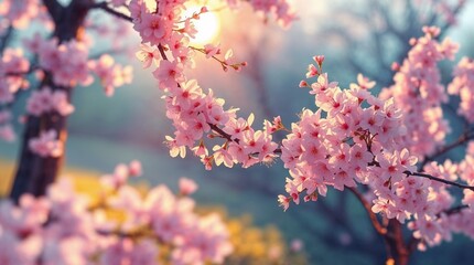 Obraz premium Beautiful cherry blossoms blooming in sunlight during springtime in a serene garden