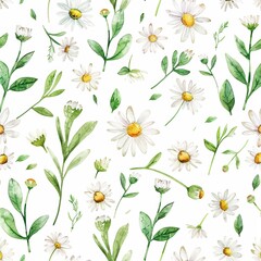 Seamless pattern with watercolor baby little camomile flowers drawing pattern