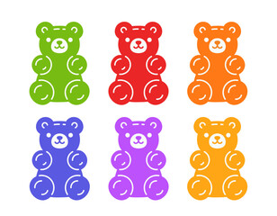 Gummy bear icon set. Vector colorful, rainbow gummy teddy bear illustrations.