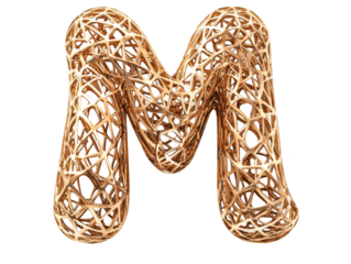 Intricate copper wire art, a stunning depiction of the letter 'm' crafted with gleaming copper