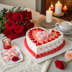 wedding cake with roses and candles on valentine's day celebration 
