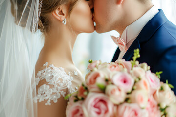 Wedding Kiss Between Husband and Wife, Tender Kiss on the Most Important Day with a Bouquet of Pink Flowers