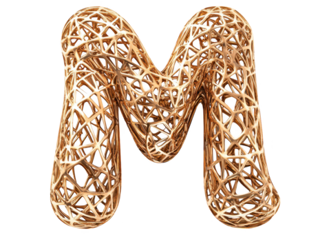 Intricate copper wire art, a stunning depiction of the letter 'm' crafted with gleaming copper